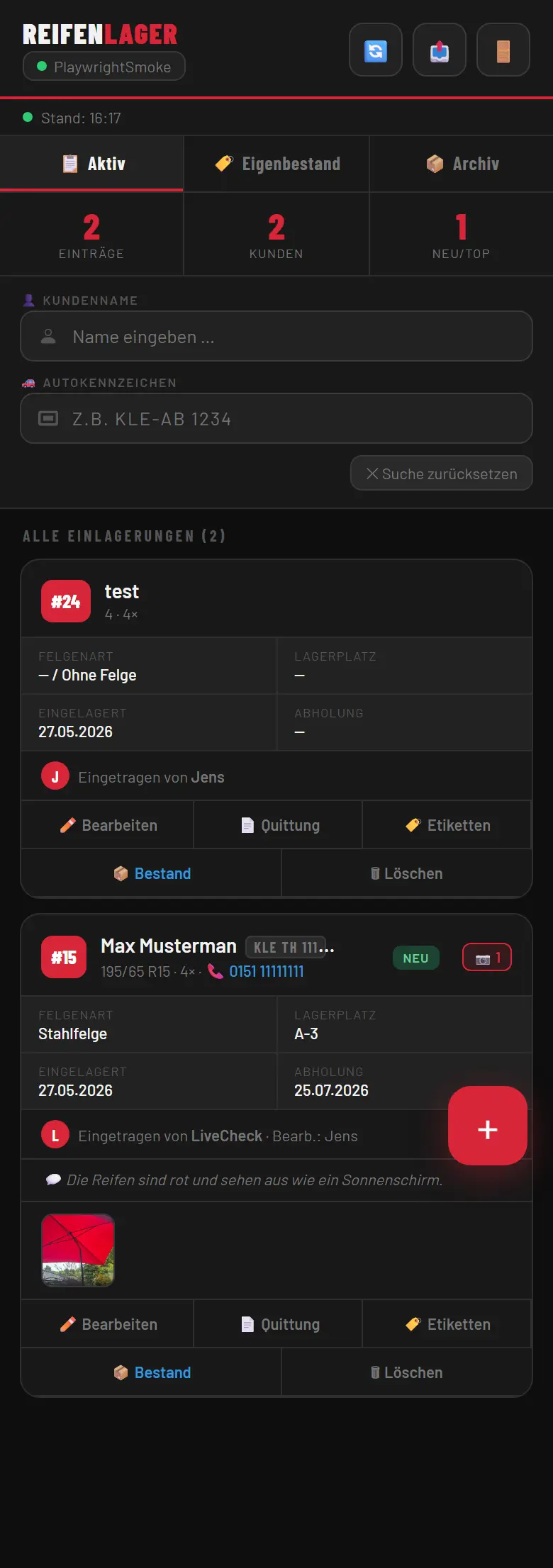 Startbildschirm der Reifenlager-App mit Bestandsliste, Smoke-Test-Daten.