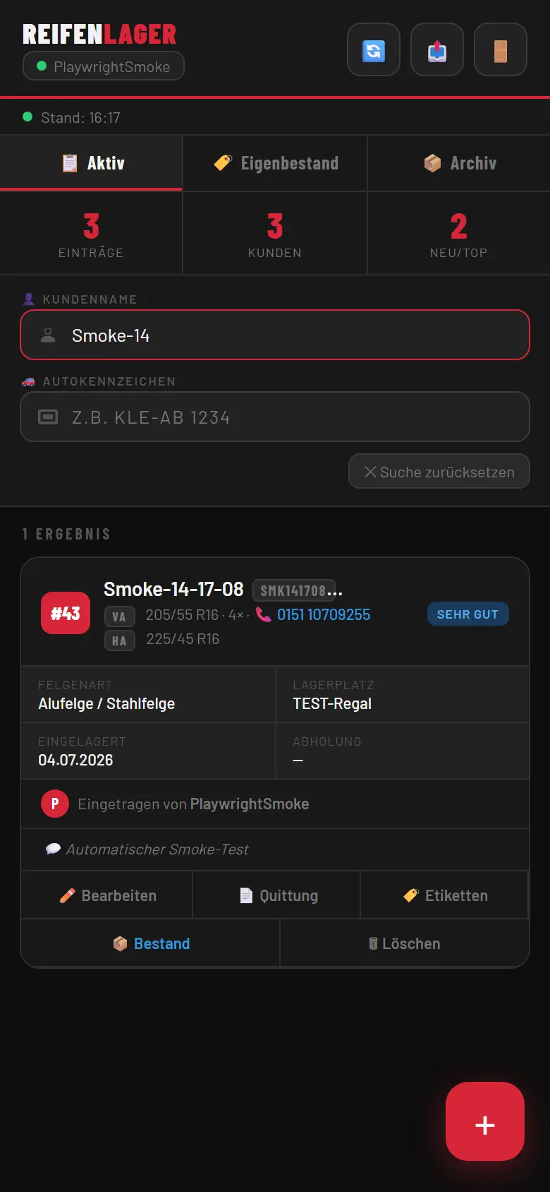 Suchansicht der Reifenlager-App über den ganzen Bestand, Smoke-Test-Daten.